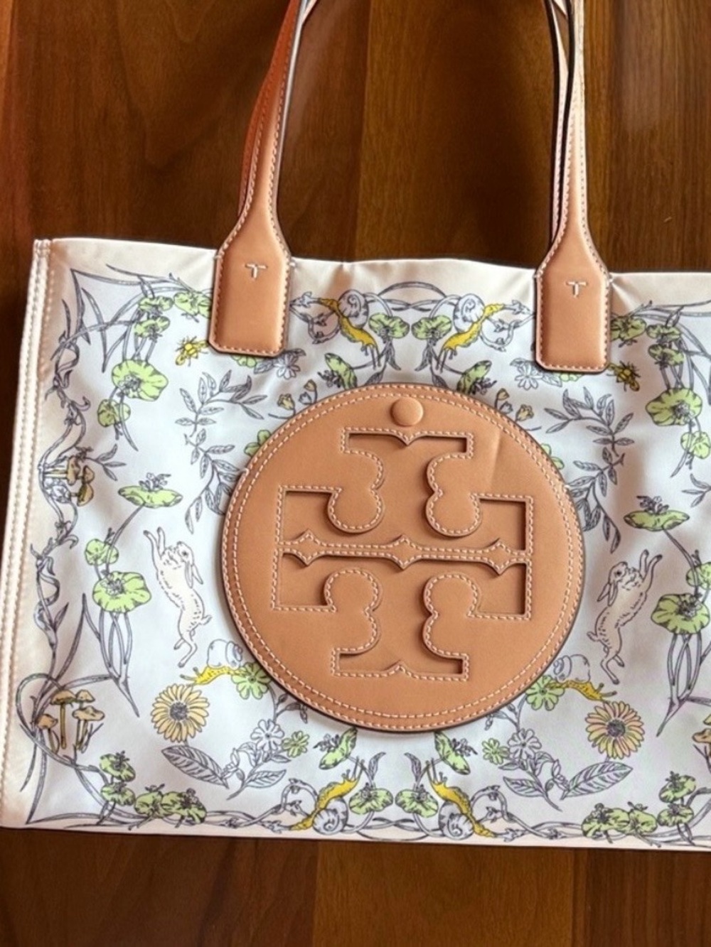 Tory Burch White Floral Canvas Tote with Tan Leather Logo and Handles